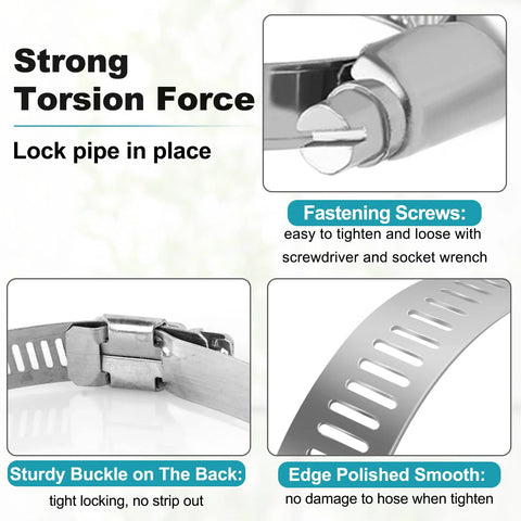 Close-up of stainless steel hose clamps with fastening screws and sturdy buckle for secure pipe locking.