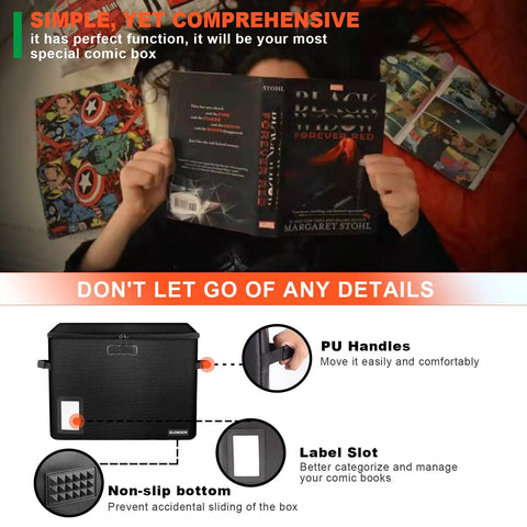 Person reading comics with a 2 Pack Comic Book Storage Box With Lock And Label Window Fireproof And Water Resistant shown below.