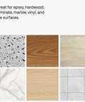 Various types of flooring surfaces including epoxy, hardwood, laminate, marble, vinyl, and tile demonstrating product compatibility.