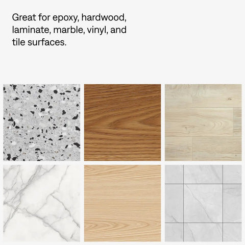 Various types of flooring surfaces including epoxy, hardwood, laminate, marble, vinyl, and tile demonstrating product compatibility.
