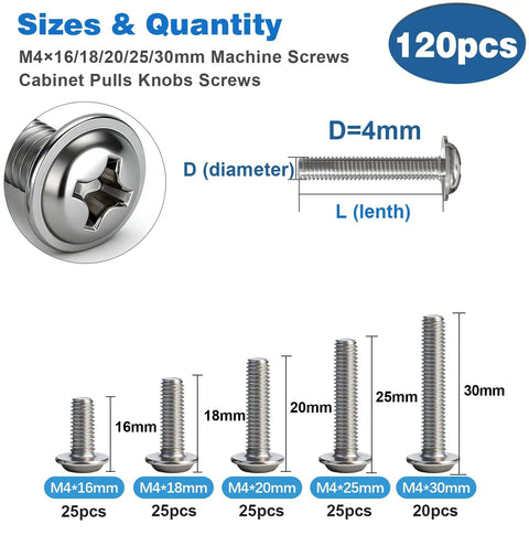 120Pc Cabinet Screw Kit With M4 Pan Washer Head Phillips Machine Screws, sizes 16mm to 30mm, nickel plated, rust resistant