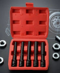 Rock Solid Five Piece Extended Thin Wall Impact Socket Set With Narrow Profile Design For Tough Car Wheel Maintenance And Automotive Repairs, red case open