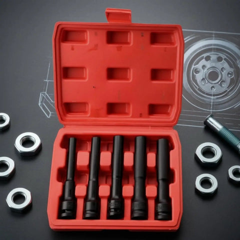 Rock Solid Five Piece Extended Thin Wall Impact Socket Set With Narrow Profile Design For Tough Car Wheel Maintenance And Automotive Repairs, red case open