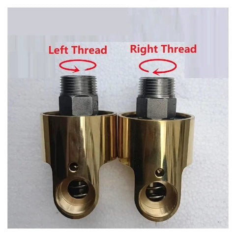 360 Degree Rotary Joint For CNC Cooling Systems 1.5 Inch Left Thread Brass Heavy Duty One Way Swivel Coupling DN40 HD40, left and right threads shown