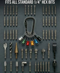 Six Piece One Quarter Inch Hex Shank Drill Bit Holder Keychain with Push to Unlock Aluminum Alloy Body and color-coded holders