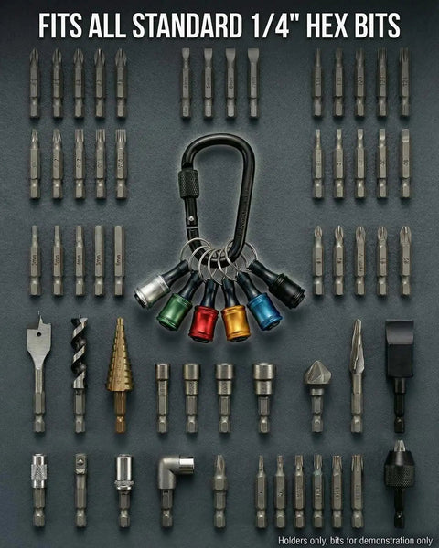 Six Piece One Quarter Inch Hex Shank Drill Bit Holder Keychain with Push to Unlock Aluminum Alloy Body and color-coded holders