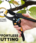 Heavy Duty Pruning Shears With Ratchet Cut for Easy Gardening, shown in hand cutting a 3/4 inch branch effortlessly.