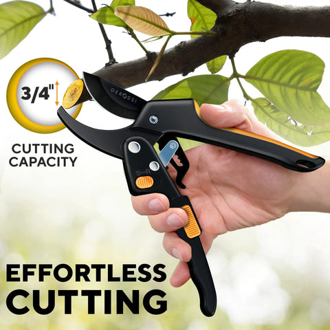 Heavy Duty Pruning Shears With Ratchet Cut for Easy Gardening, shown in hand cutting a 3/4 inch branch effortlessly.