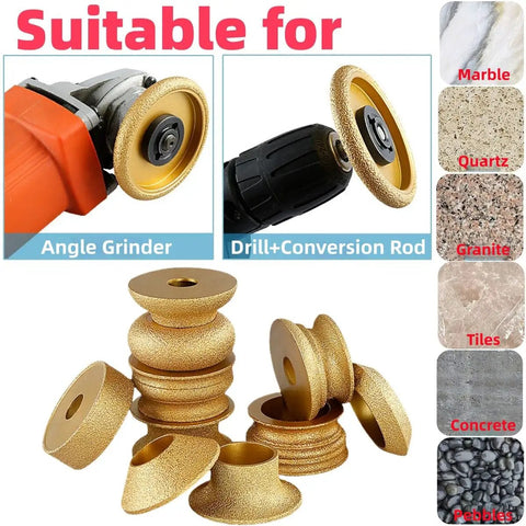 3 Inch Brazed Diamond Grinding Wheel V Shape Edge Trimming Disc For Granite Marble Porcelain Tile Quartz Polishing 75mm 15mm Thick Heavy Duty Pro Grade Steel Core 1 Pc, suitable for use with angle grinders and drills shown with material samples.