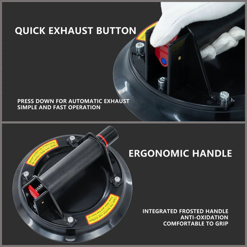 2-pack 8-inch glass suction cups, front and top views with quick-exhaust button and ergonomic handle