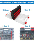 Double Sided Tool Box Organizer With 50-Compartment Removable Dividers Portable Hardware Storage Box in red and black open view