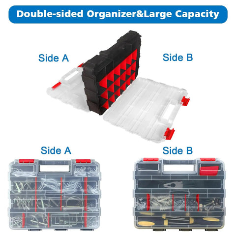 Double Sided Tool Box Organizer With 50-Compartment Removable Dividers Portable Hardware Storage Box in red and black open view