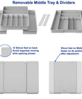 Expandable Kitchen Drawer Flatware Organizer Gray, Adjustable Cutlery Tray With 9 Compartments For Utensils And Silverware, Extra Large Capacity Fits Wide And Deep Drawers, Measures 17.25 In Deep, 12.9 In Wide, 2.25 In High, shown with removable tray and dividers