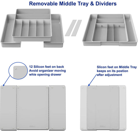 Expandable Kitchen Drawer Flatware Organizer Gray, Adjustable Cutlery Tray With 9 Compartments For Utensils And Silverware, Extra Large Capacity Fits Wide And Deep Drawers, Measures 17.25 In Deep, 12.9 In Wide, 2.25 In High, shown with removable tray and dividers