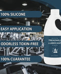 Silicone Treadmill Lube 16 Ounce Belt Oil in gym setting, highlights easy application, non-toxic, odorless properties.