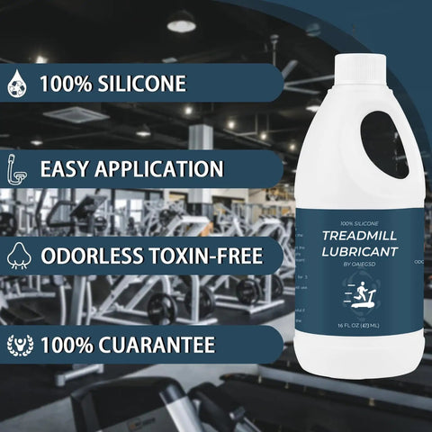 Silicone Treadmill Lube 16 Ounce Belt Oil in gym setting, highlights easy application, non-toxic, odorless properties.