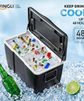 Open 100 Quart Outdoor Cooler With Divider For Parties, Patio Ice Chest On Wheels filled with drinks on ice, showing removable divider.