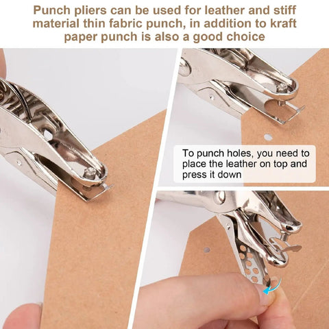 Punch pliers being used to create holes in kraft paper for Pro-Grade Leather Rivets Kit With 480 Pieces In 3 Sizes And 4 Colors.