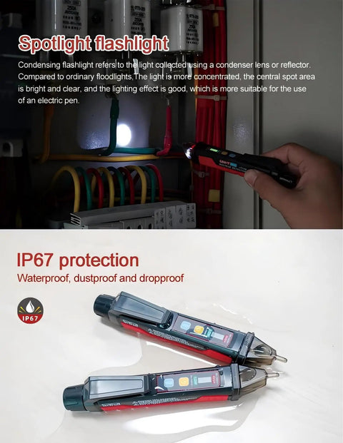 UT12E Non Contact AC Voltage Detector Pencil, Detects 24V to 1000V with Vibration, Audible Beep and Light Alarm, Easy Safety Tester for Cords, Outlets, and Breakers, Ideal for Electricians and DIY Repairs, in hand checking a breaker panel