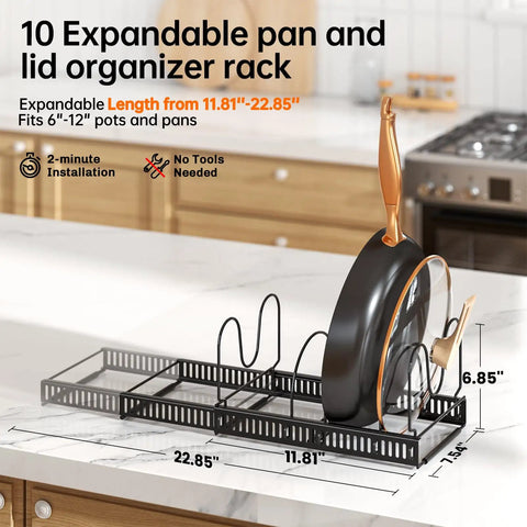 Zero Hassle Expandable Pot And Pan Lid Organizer Rack For Kitchen Cabinets on countertop with adjustable dividers and pot.