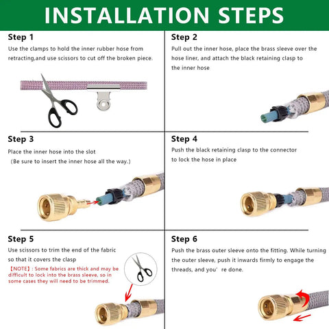 Installation steps for Expandable Garden Hose Repair Kit That Saves You Bucks With Solid Brass End Fittings And Flexible Water Hose Adapter For Three Quarter Inch Quick Connectors Retractable Hose End Repair Fittings 1 Pack, showing materials and process with visuals.