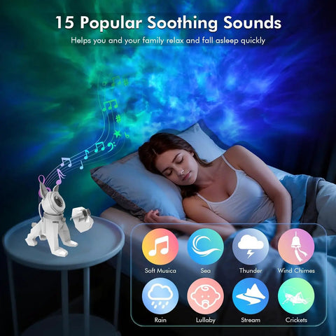 Galaxy Projector Night Light With Music Sync And White Noise 9 Sounds Timer And RF Remote displaying auroras above sleeping woman