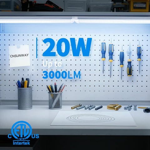 LED Shop Light Two Foot Energy Saving 20W 3000LM 6500K Daylight T8 Tube illuminating a workbench with tools