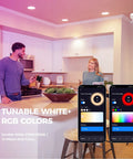 6 Inch Smart Recessed Lighting Kit with 1200 Lumen 90+ CRI RGBCW Multicolor Downlights illuminating kitchen with app shown