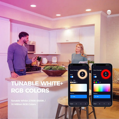 6 Inch Smart Recessed Lighting Kit with 1200 Lumen 90+ CRI RGBCW Multicolor Downlights illuminating kitchen with app shown