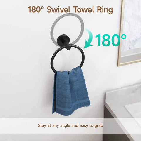 Matte Black 4 Piece Bathroom Hardware Set With Wall Mount Towel Ring, Durable SUS304 Stainless Steel Swivel Design