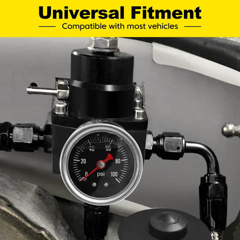 Adjustable EFI Fuel Pressure Regulator Kit with Bypass Return 30 to 70 PSI gauge and fittings setup in vehicle engine compartment