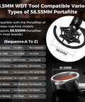 58.5MM WDT Tool compatible with various espresso machine portafilters for precise brewing.