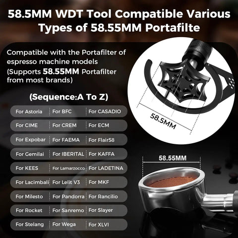 58.5MM WDT Tool compatible with various espresso machine portafilters for precise brewing.