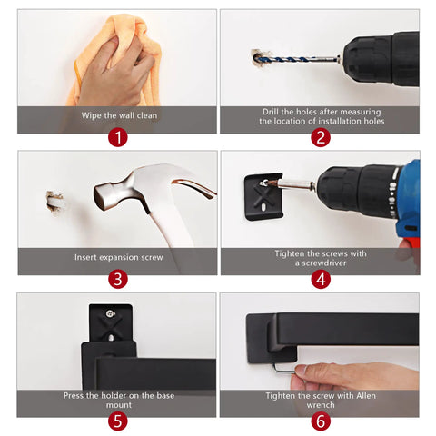Installation guide for Matte Black 7-Piece Bathroom Accessories Set With 24 Inch Towel Bar including drilling and screwing steps.