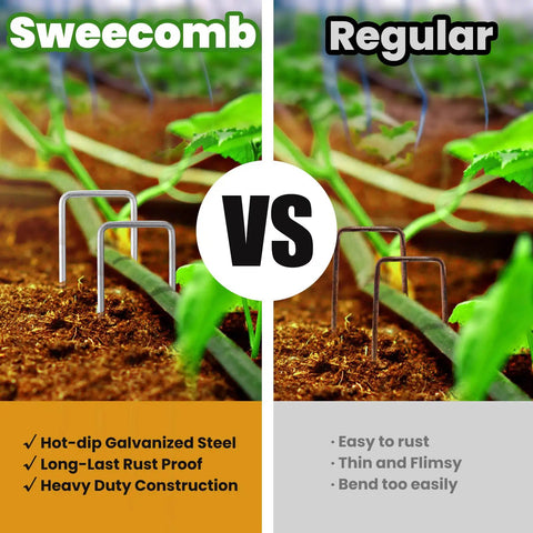 Comparison of Beefy 6 Inch Galvanized Steel Garden Stakes showing durability vs regular stakes in soil