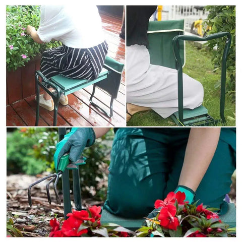 Folding Garden Kneeler Seat With Tool Pouch Bag And Thick EVA Foam Kneeling Pads in use for planting and weeding outdoors.