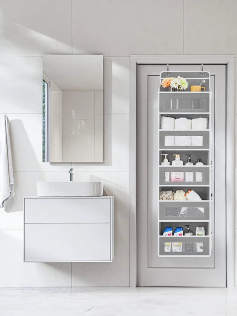 Heavy Duty Over The Door Storage Organizer With Five Tier Shelves For Bedroom Pantry Bathroom, grey rack filled with towels and products