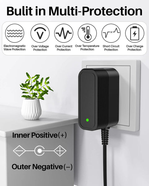 5V 1A Power Supply With 10 Interchangeable Jacks, black compact wall adapter with multi-protection icons and polarity guide