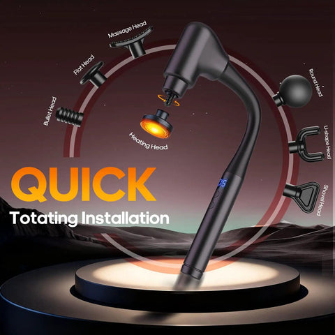 Deep Tissue Percussion Massage Gun With Heat And Extended Handle for self massage with 7 interchangeable heads shown