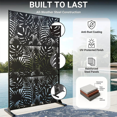 Outdoor Metal Privacy Screen 72 Inch Freestanding Divider Panel With Laser Cut Tropical Leaf Design Weatherproof Steel Garden Fence