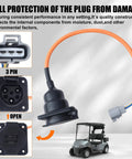 Plug And Play Electric Golf Cart Charger Receptacle Head 3 Pin Replacement For Advanced Ev And Evolution Carts 30 Amp 110 220 Volt setup showing charging plug with orange wire.