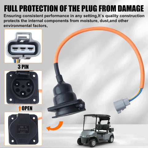 Plug And Play Electric Golf Cart Charger Receptacle Head 3 Pin Replacement For Advanced Ev And Evolution Carts 30 Amp 110 220 Volt setup showing charging plug with orange wire.