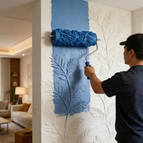Premium 5 Inch Rubber Patterned Paint Roller Featuring An Ergonomic Handle applying blue paint on textured wall.