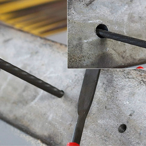 Close-up of a black metal-handled deburring tool with a replaceable blade beside a drilled metal hole