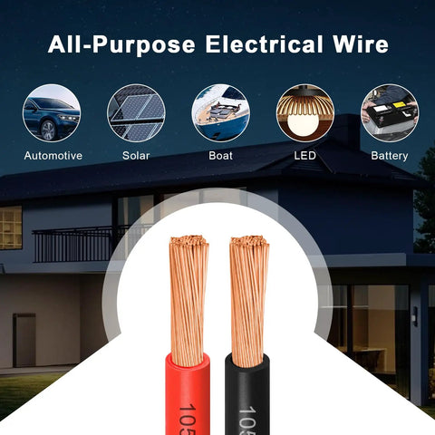10 AWG Oxygen Free Copper Battery Cable 20 Ft Red And Black Heavy Duty Dual Conductor Wire With 105 Strands Flexible Bare Copper For Solar Panel Boat Trailer Generator Car And Motor Power Low Impedance And High Conductivity. Red and black cable shown for automotive, solar, boat, LED, and battery use