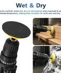 Pro Grade 3 Inch Wet Dry Sanding Discs Set With Hook And Loop Backing on drill, showing wood and car use scenarios.