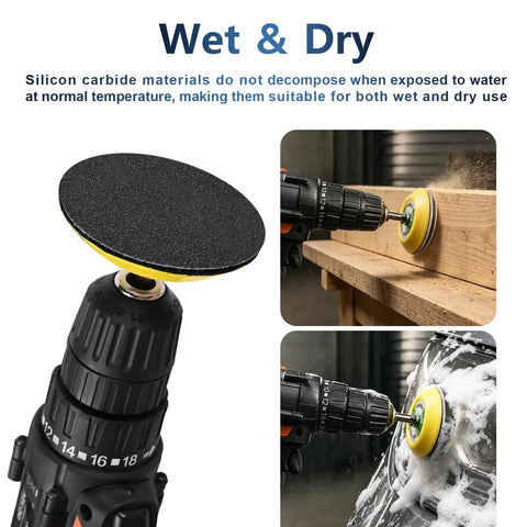 Pro Grade 3 Inch Wet Dry Sanding Discs Set With Hook And Loop Backing on drill, showing wood and car use scenarios.