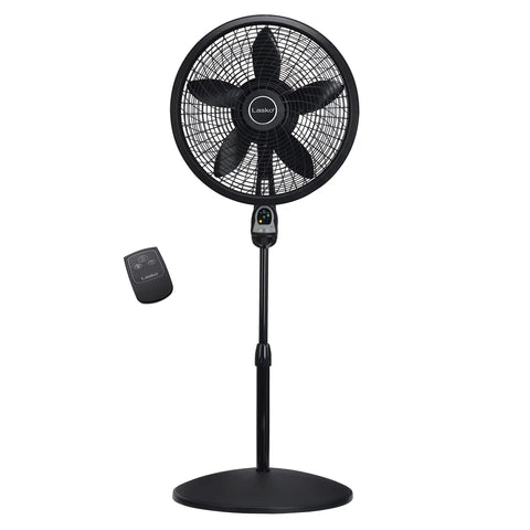 Oscillating Cyclone Pedestal Fan With Remote, Adjustable Height Up To 54 Inches, black standing fan with 18-inch blade, front view