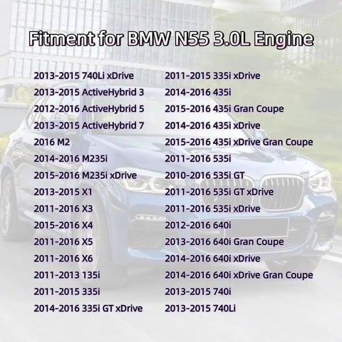BMW N55 3.0L Engine Fitment List for Plug And Play PCV Valve Cap Membrane Repair Kit, compatible models 2013-2015 740Li and more.