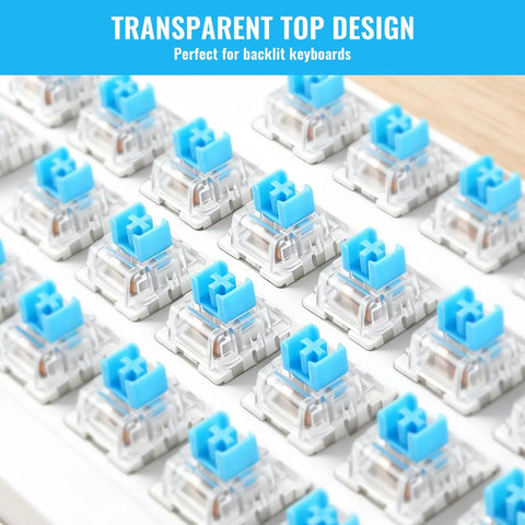 Blue 3-Pin Mechanical Keyboard Switches 200 Pack With Dustproof Housing, Clicky Tactile Feel, 50 Million Click Life, Replacement Keys For Gaming Keyboards, Ideal For 3D Printing Projects And Fidget Builds, transparent top